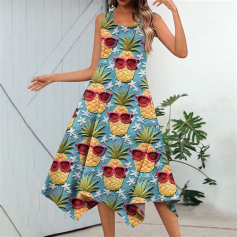 Purjkpu Womens Hawaiian Dresses Sleeveless Tropical Print Midi Dress Boho Crew Neck Summer Dress