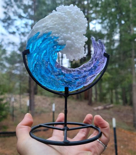 Ashes Infused Glass Cremation Art 3d Ocean Wave 5in Rod Iron Table Dis Infusion Glass