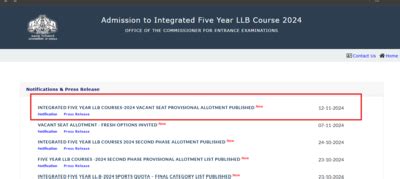 KLEE 5 Year LLB 2024 Provisional Seat Allotment Result Released At Cee