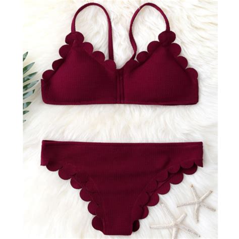 Sexy Pure Color Wine Red Scalloped Edge Two Piece Bikini On Luulla