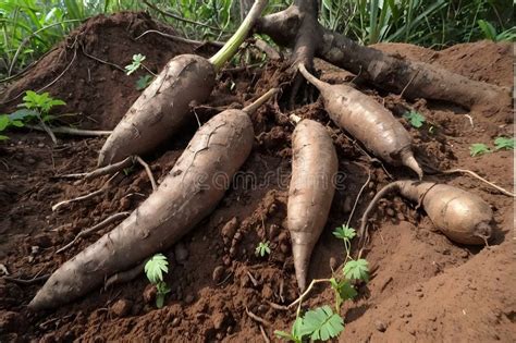 Close Up Image Of A Bunch Of Cassava On The Ground Farmers Harvest Cassava Plants In Rice