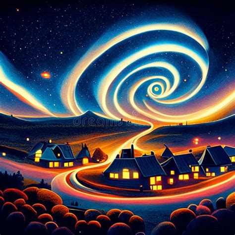 Night Landscape With Village And Stars Illustration For Your Design