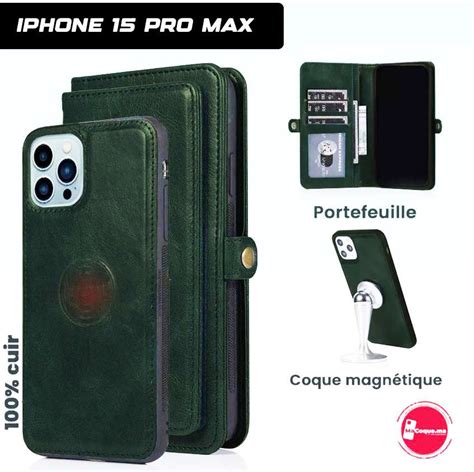 Vert IPhone 15 Pro Max Pochette Portefeuille En Cuir Coque