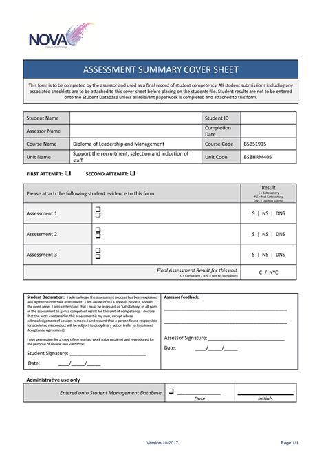 Assessment Cover Sheet Bsbhrm 405 10 Assessment Summary Cover Sheet