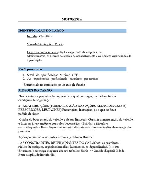 Descrição De Cargo Motorista - Descrição do Cargo de Motorista | PDF