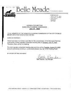 MPC Agenda, July 21, 2020 No Meeting - City of Belle Meade