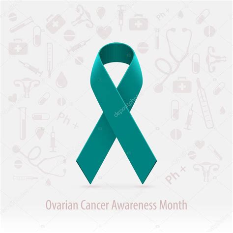 Ovarian Cancer Teal Ribbon With Medical Icons And Symbols Over Light