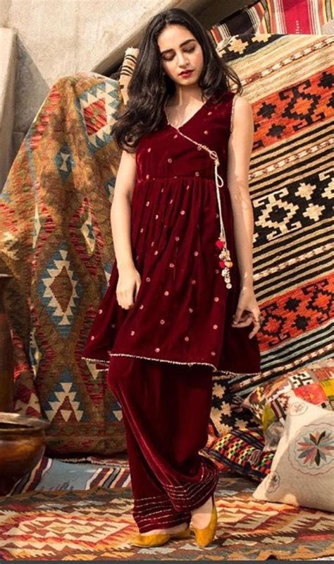 Velvet Angrakha Frock Design Velvet Dress Designs Stylish Dresses For Girls Beautiful