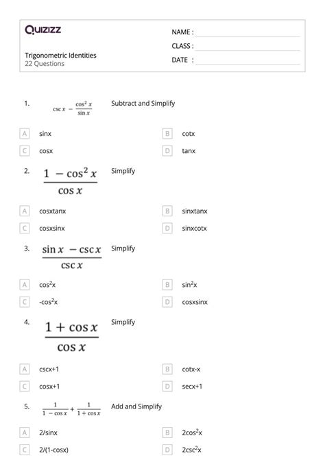 50 Trigonometric Identities Worksheets For 9th Class On Quizizz Free