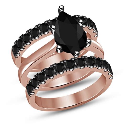 14k Rose Gold Over Black Diamond 3pcs Wedding Engagement Ring Bridal Set 2 20ct Tjew