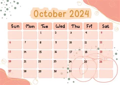 Calendario Mensual Octubre 2024 Melocotón PNG dibujos 2024 Calendario