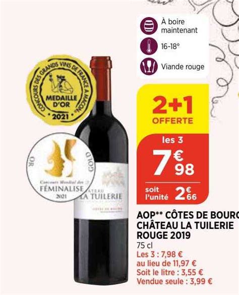 Promo Aop Côtes De Bourg Château La Tuilerie Rouge 2019 chez Bi1