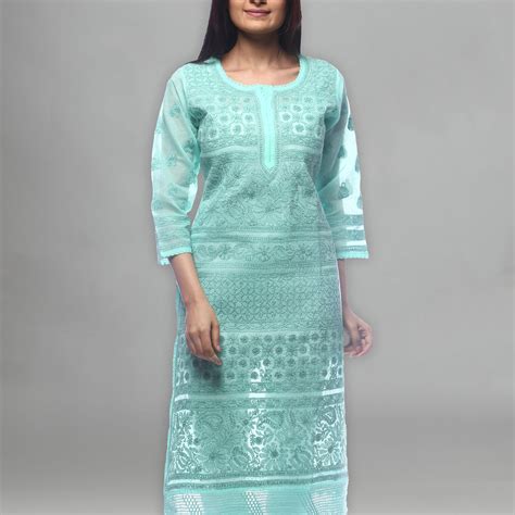 Seva Chikan Hand Embroidered Sea Green Cotton Lucknowi Chikan Kurti Sc