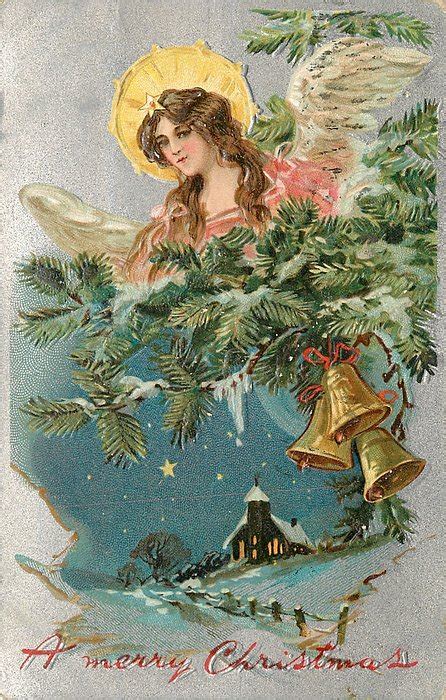 A MERRY CHRISTMAS angel above evergreen, three bells below right ...