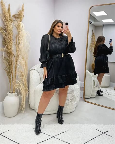 Vestido Plus Size Manga Bufante Chiffon Preto