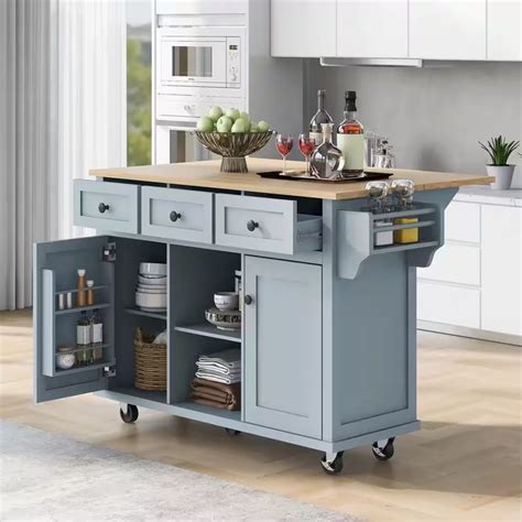 Cesicia Blue Rubberwood Drop Leaf Countertop In Kitchen Island