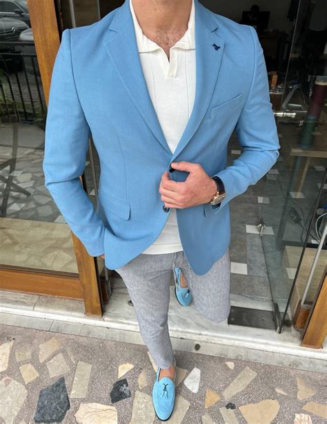 Sky Blue Slim Fit Wool Blazer For Men By GentWith