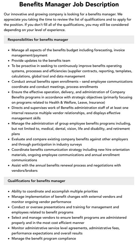 Benefits Manager Job Description Velvet Jobs