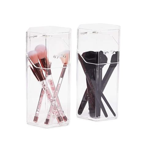 Glamlily 2 Pack Clear Acrylic Makeup Brush Holder With Lids Covered Hexagon Cosmetic Organizer