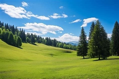 Premium AI Image A Green Field With A Mountain In The Background