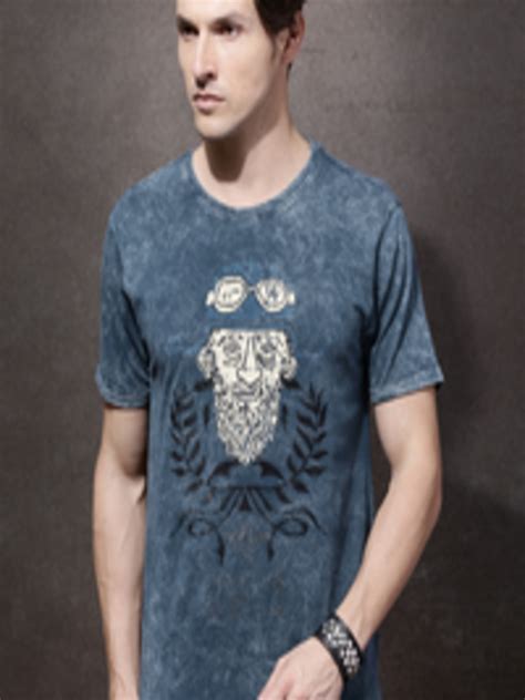 Buy Roadster Men Blue Printed Round Neck Pure Cotton T Shirt Tshirts