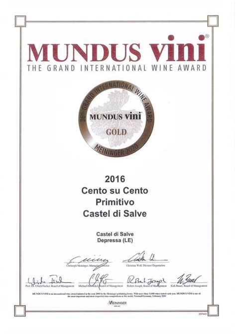 An Award Certificate For Mundous Vini