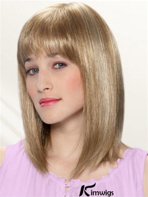 Blonde Shoulder Length Straight With Bangs Inch Cheap Medium Wigs