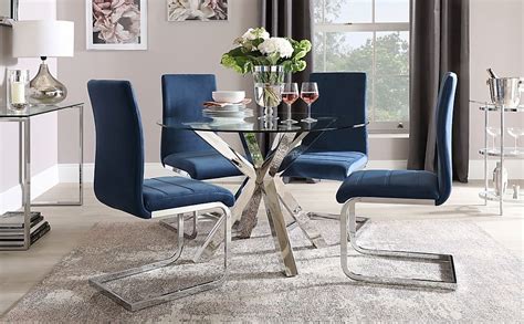 Plaza Round Dining Table And 4 Perth Chairs Glass And Chrome Blue Classic