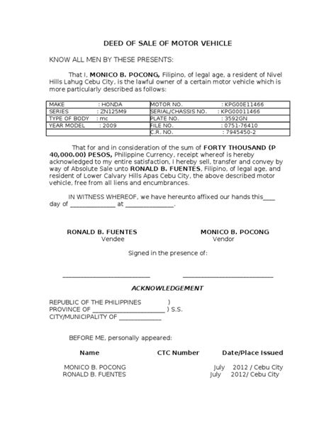 Deed Of Sale Of Motor Vehicle Template Templates Sample Printables