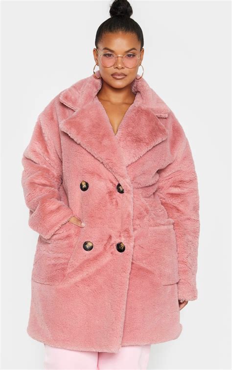 Plus Rose Faux Fur Double Breasted Coat Prettylittlething