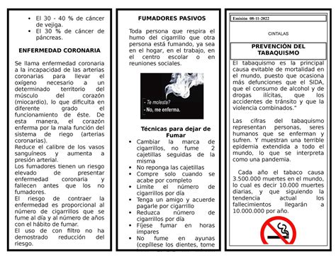 Folleto Prevenci N Tabaquismo Fumadores Pasivos Toda Persona Que