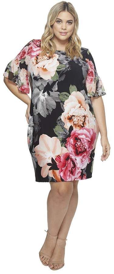 Calvin Klein Plus Plus Size Printed Gathered Sleeve Dress Womens