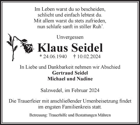 Traueranzeigen Von Klaus Seidel Abschied Nehmen De