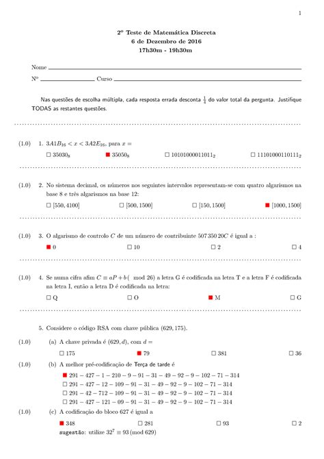 Prova Dezembro Quest Es E Respostas O Teste De Matem Atica