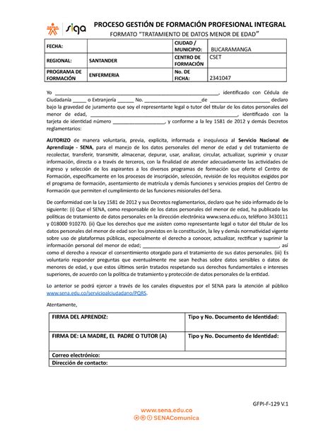 Gfpi F Formato Tratamiento De Datos Menor De Edad Proceso Gesti N