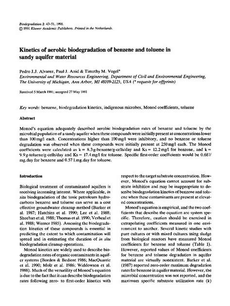 Pdf Kinetics Of Aerobic Biodegradation Of Benzene And Toluene In