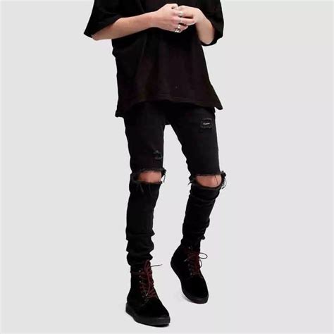 Mens Casual Skinny Jeans Pure Black Fashion Pants Men Solid Black