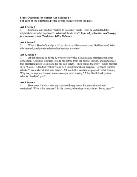 Study Questions for Hamlet Act 4 Scenes 1-4