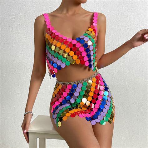 Sexy Colorido Lantejoulas Glitter Sequins Camis Halter Corrente