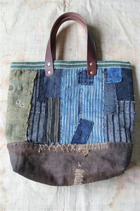 Antique Japanese Sashiko Stitched Indigo And Sakabukuro Boro Tote Bag