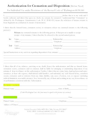 Fillable Online Authorization For Cremation And Disposition Before