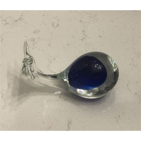 Art Glass Whale Paperweight Clear Cobalt Blue Inside Tail Up Etsy