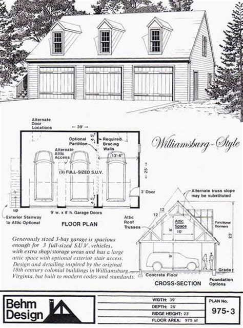 Colonial Style 3 Car Garage Plan With Loft 975 3 By Behm Design