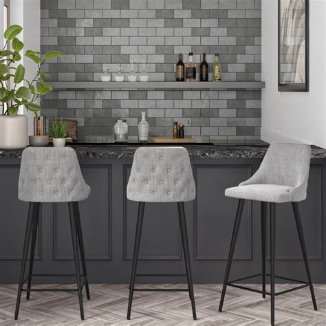 Set of 3 Grey Fabric Bar Stools with Backs - Maddy - Furniture123