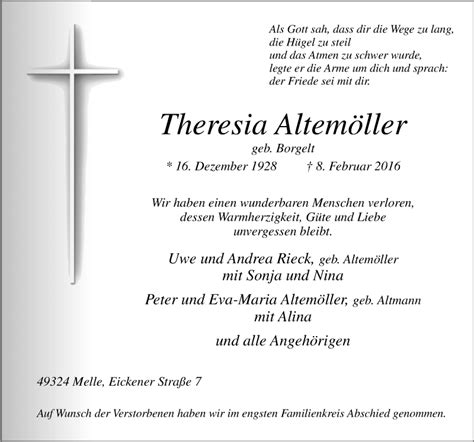 Traueranzeigen Von Theresia Altem Ller Noz Trauerportal