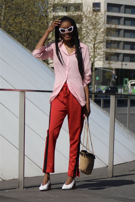 Track Pants Outfit In Red Tracks Pink Stripes And Bold Accessories