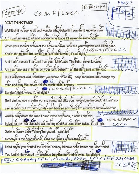 Don T Think Twice Bob Dylan Guitar Chord Chart Capo Th Lyrics