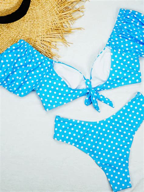 NEW Sexy Polka Dots V Neck Mid Waist Bikini Female Swimsuit Women