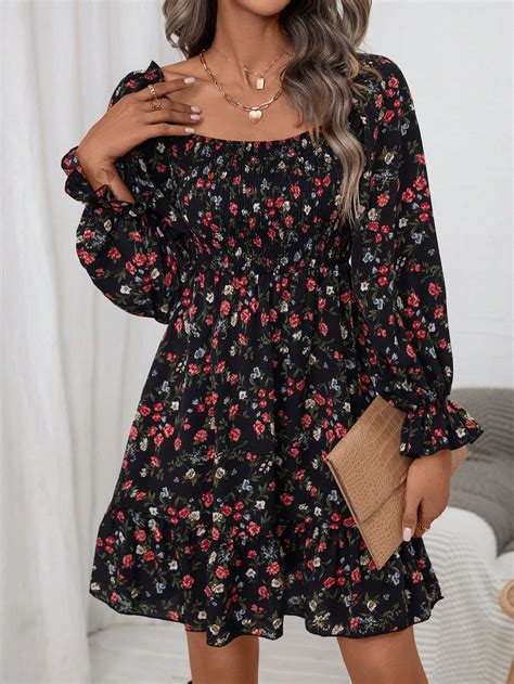 Shein Lune Ditsy Floral Print Flare Sleeve Ruffle Hem Dress Shein Usa