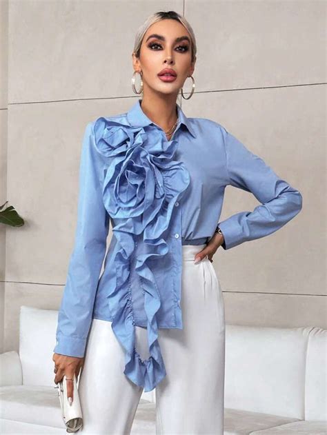 Shein Privé Ruffle Trim Button Front Shirt Fashion Outfits Bright